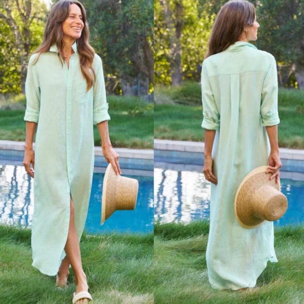 Frank & Eileen Rory Maxi Shirt Dress 100% Linen Seafoam Green Size XL